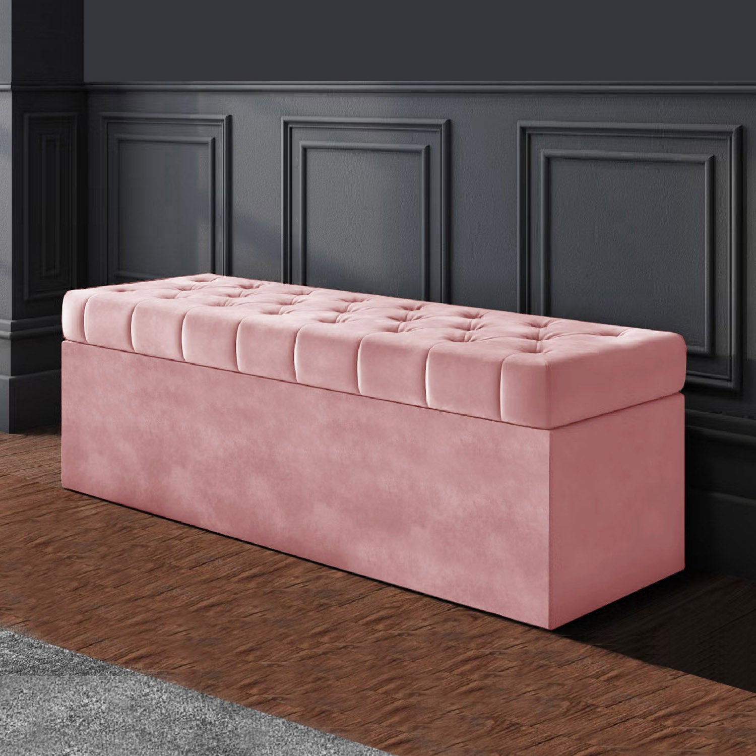 Chesterfield upholstered ottoman storage box in plush velvet with matching fabric buttons. Upholstered ottoman storage box or a velvet blanket box, Chesterfield velvet ottoman, Plush velvet storage ottoman, Upholstered ottoman storage box, Velvet storage bench ottoman, Tufted ottoman with storage, High-density foam lid ottoman, Velvet tufted storage bench, Deep storage ottoman velvet, Velvet upholstered bench with storage, Chesterfield storage bench, Ottoman with high-density foam lid, Velvet ottoman with b