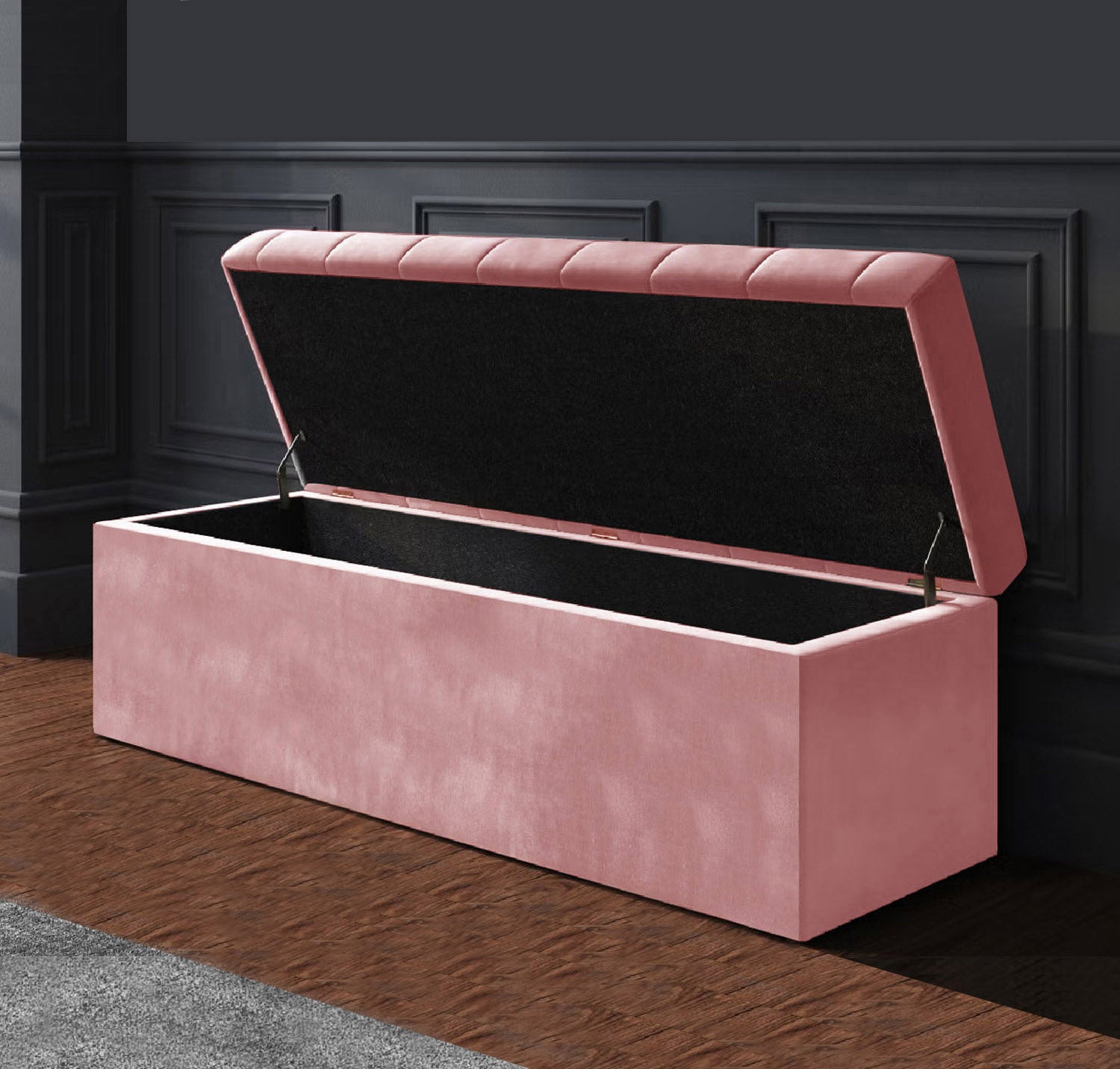 Chesterfield upholstered ottoman storage box in plush velvet with matching fabric buttons. Upholstered ottoman storage box or a velvet blanket box, Chesterfield velvet ottoman, Plush velvet storage ottoman, Upholstered ottoman storage box, Velvet storage bench ottoman, Tufted ottoman with storage, High-density foam lid ottoman, Velvet tufted storage bench, Deep storage ottoman velvet, Velvet upholstered bench with storage, Chesterfield storage bench, Ottoman with high-density foam lid, Velvet ottoman with b