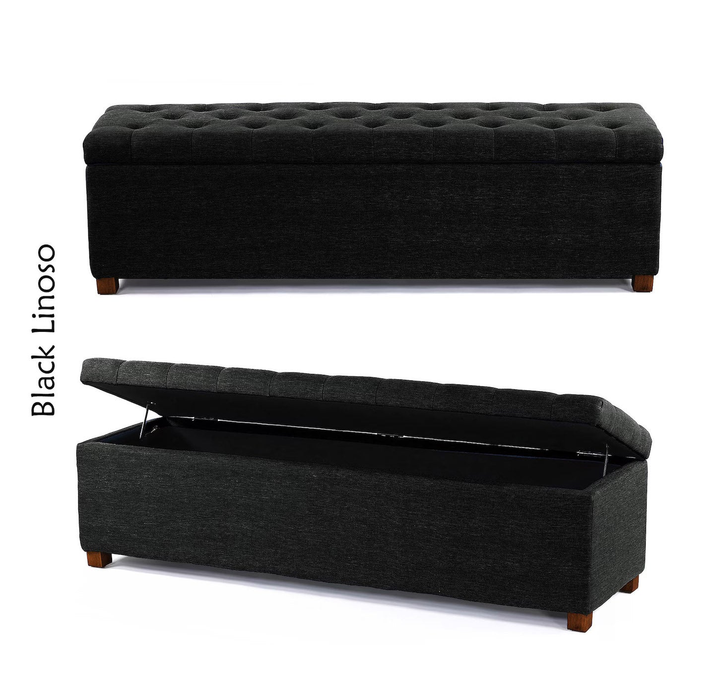 Black Linoso blanket box, storage bench, shoe bench, end of bed bench, window seating bench, linoso linen ottoman storage box, end table, rectangle coffee table, upholstered footstool, linoso chesterfield upholstered coffee table, footrest
