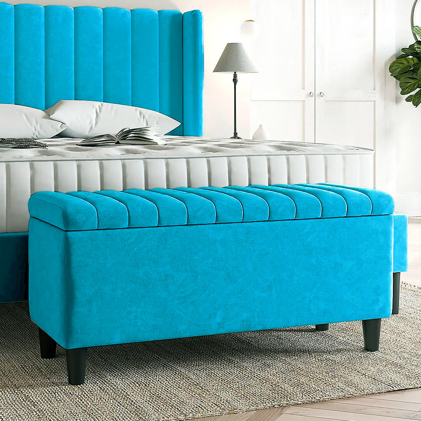 Plush velvet upholstered blanket box, Teal velvet bench with storage, Large upholstered blanket box with legs, Velvet Upholstered Footstool, Rectangle Coffee Table, Ottoman storage box