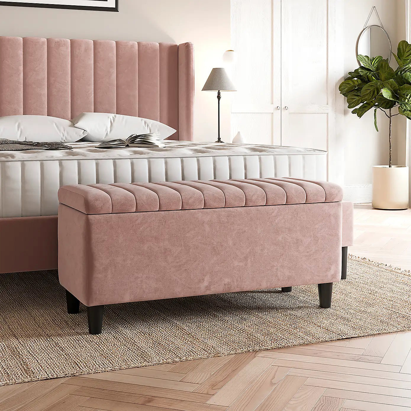Pink Plush velvet upholstered blanket box, Teal velvet bench with storage, Large upholstered blanket box with legs, Velvet Upholstered Footstool, Rectangle Coffee Table, Ottoman storage box