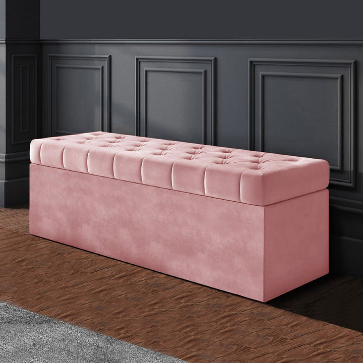Chesterfield upholstered ottoman storage box in plush velvet with matching fabric buttons. Upholstered ottoman storage box or a velvet blanket box, Chesterfield velvet ottoman, Plush velvet storage ottoman, Upholstered ottoman storage box, Velvet storage bench ottoman, Tufted ottoman with storage, High-density foam lid ottoman, Velvet tufted storage bench, Deep storage ottoman velvet, Velvet upholstered bench with storage, Chesterfield storage bench, Ottoman with high-density foam lid, Velvet ottoman with b