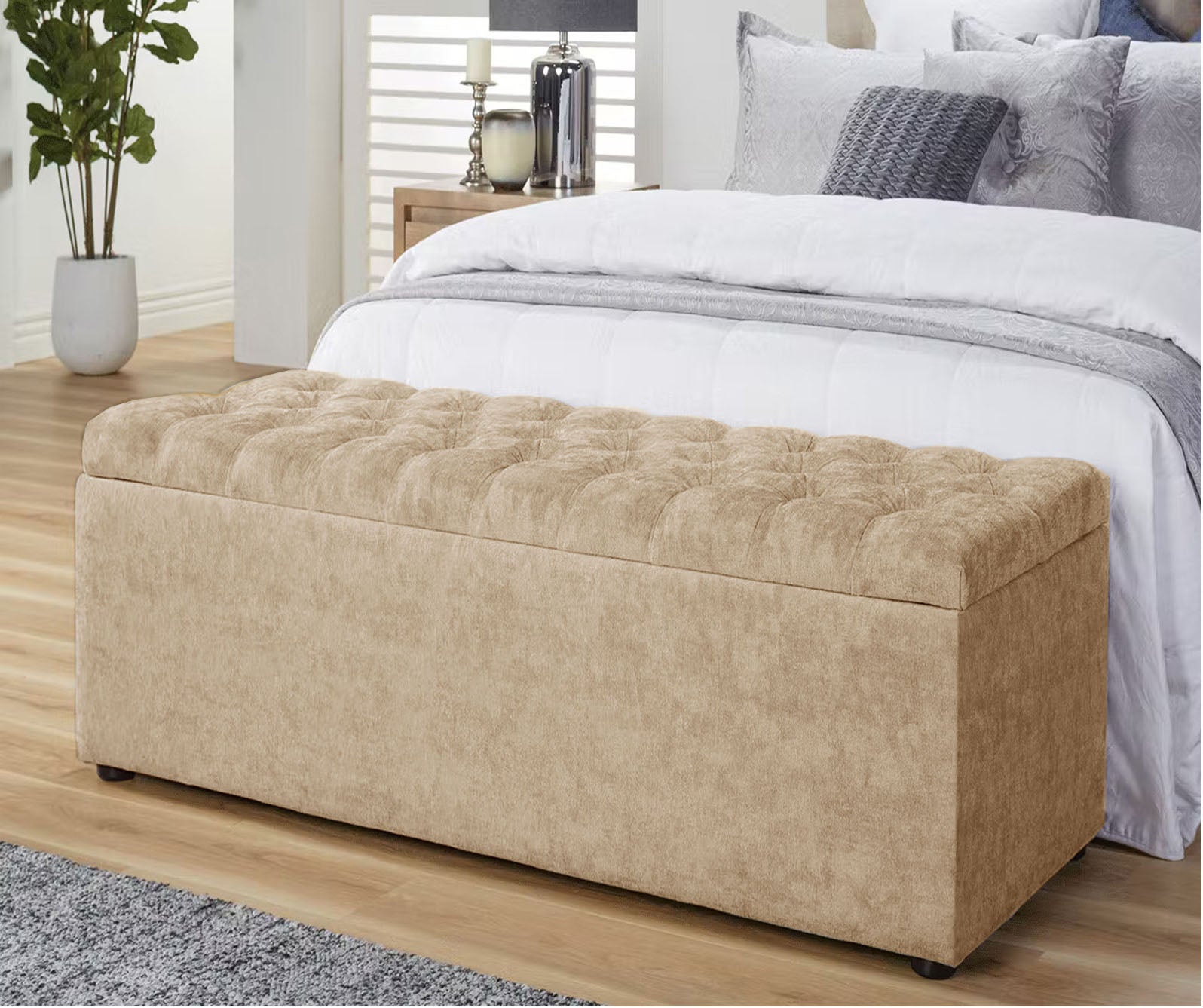 Beige Grey naples ottoman storage box, velvet ottoman bench with storage, shoe storage bench, end of bed bench, chesterfield ottoman bench, upholstered footstool, rectangle coffee table, end of bed bench