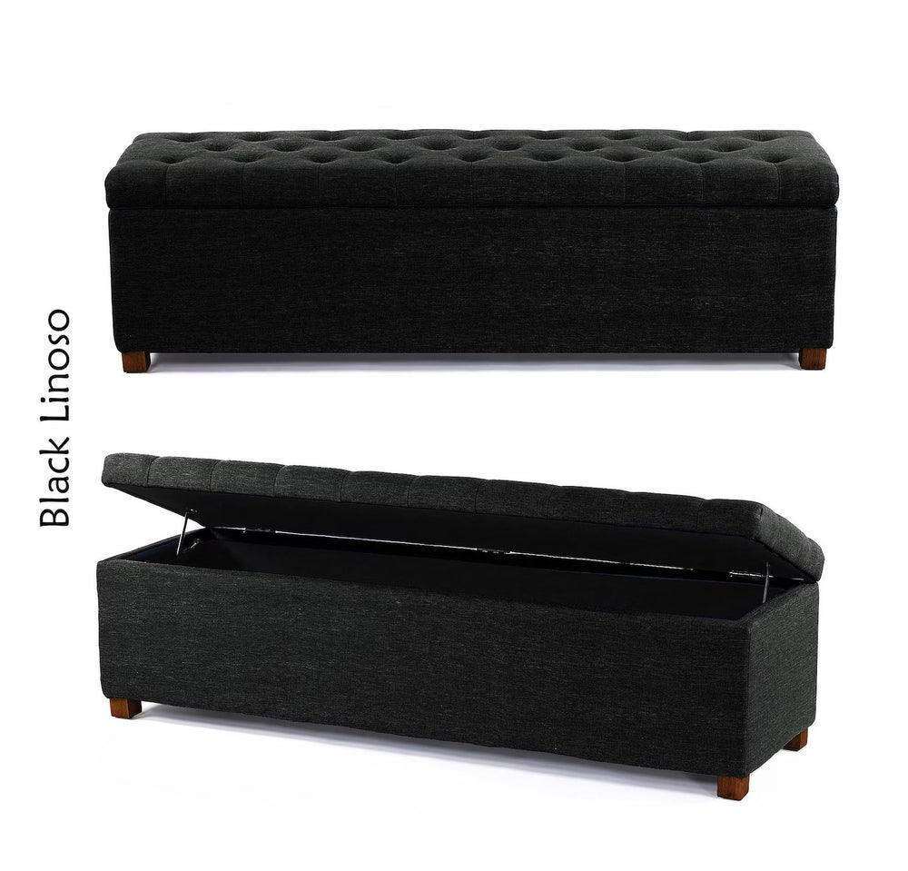 Black Linoso blanket box, storage bench, shoe bench, end of bed bench, window seating bench, linoso linen ottoman storage box, end table, rectangle coffee table, upholstered footstool, linoso chesterfield upholstered coffee table, footrest