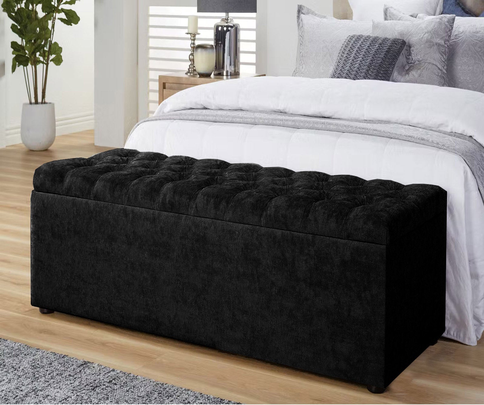 Black Grey naples ottoman storage box, velvet ottoman bench with storage, shoe storage bench, end of bed bench, chesterfield ottoman bench, upholstered footstool, rectangle coffee table, end of bed bench