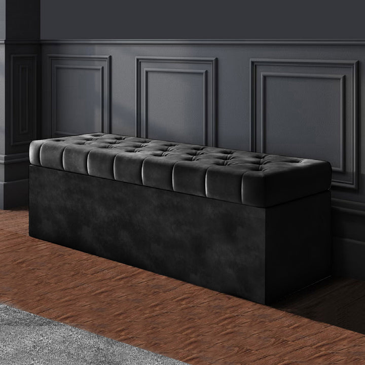 Black plush velvet Chesterfield upholstered ottoman storage box in plush velvet with matching fabric buttons. Upholstered ottoman storage box or a velvet blanket box, Chesterfield velvet ottoman, Plush velvet storage ottoman, Upholstered ottoman storage box, Velvet storage bench ottoman, Tufted ottoman with storage, High-density foam lid ottoman, Velvet tufted storage bench, Deep storage ottoman velvet, Velvet upholstered bench with storage, Chesterfield storage bench, Ottoman with high-density foam lid, Ve