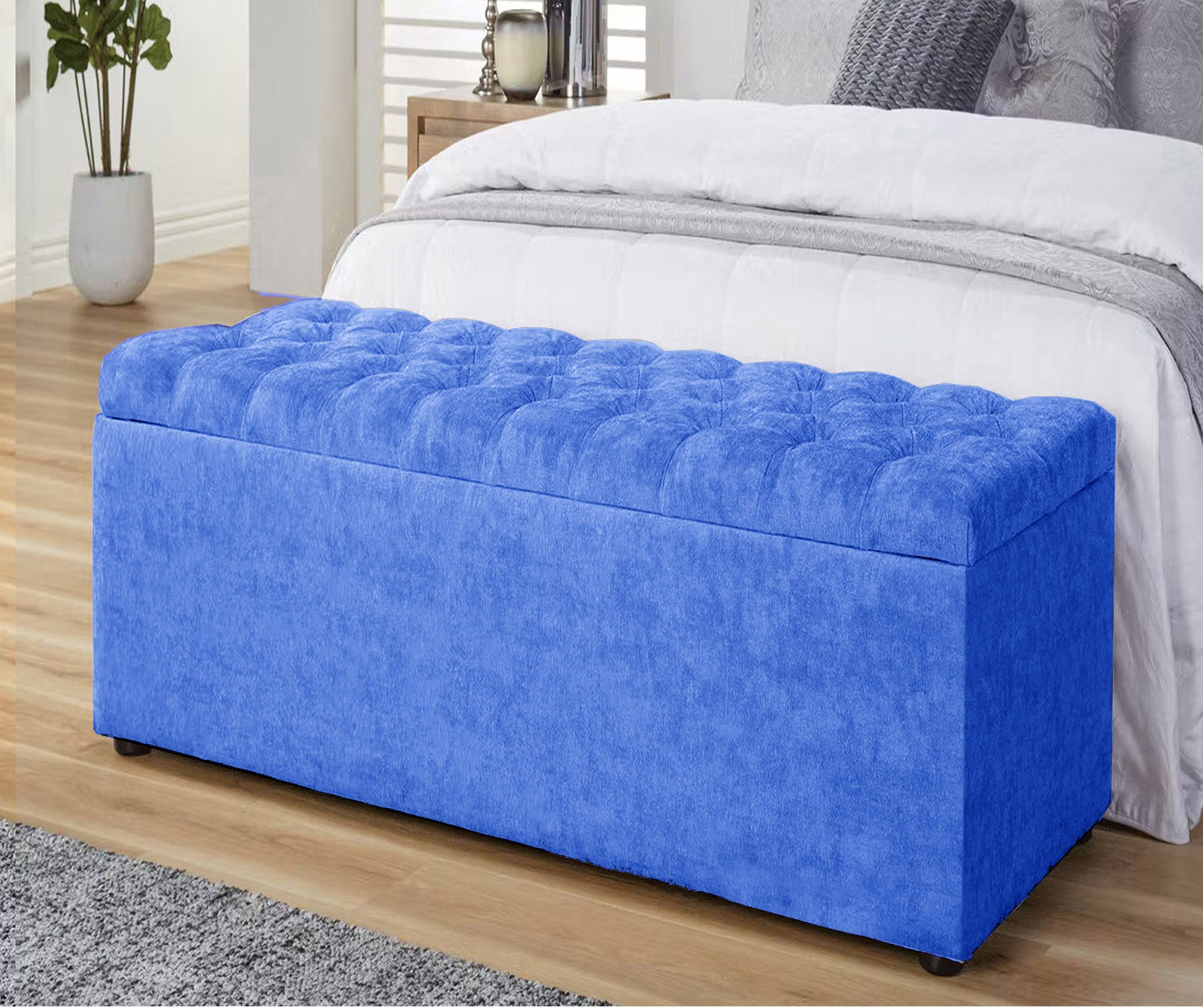 blue Grey naples ottoman storage box, velvet ottoman bench with storage, shoe storage bench, end of bed bench, chesterfield ottoman bench, upholstered footstool, rectangle coffee table, end of bed bench