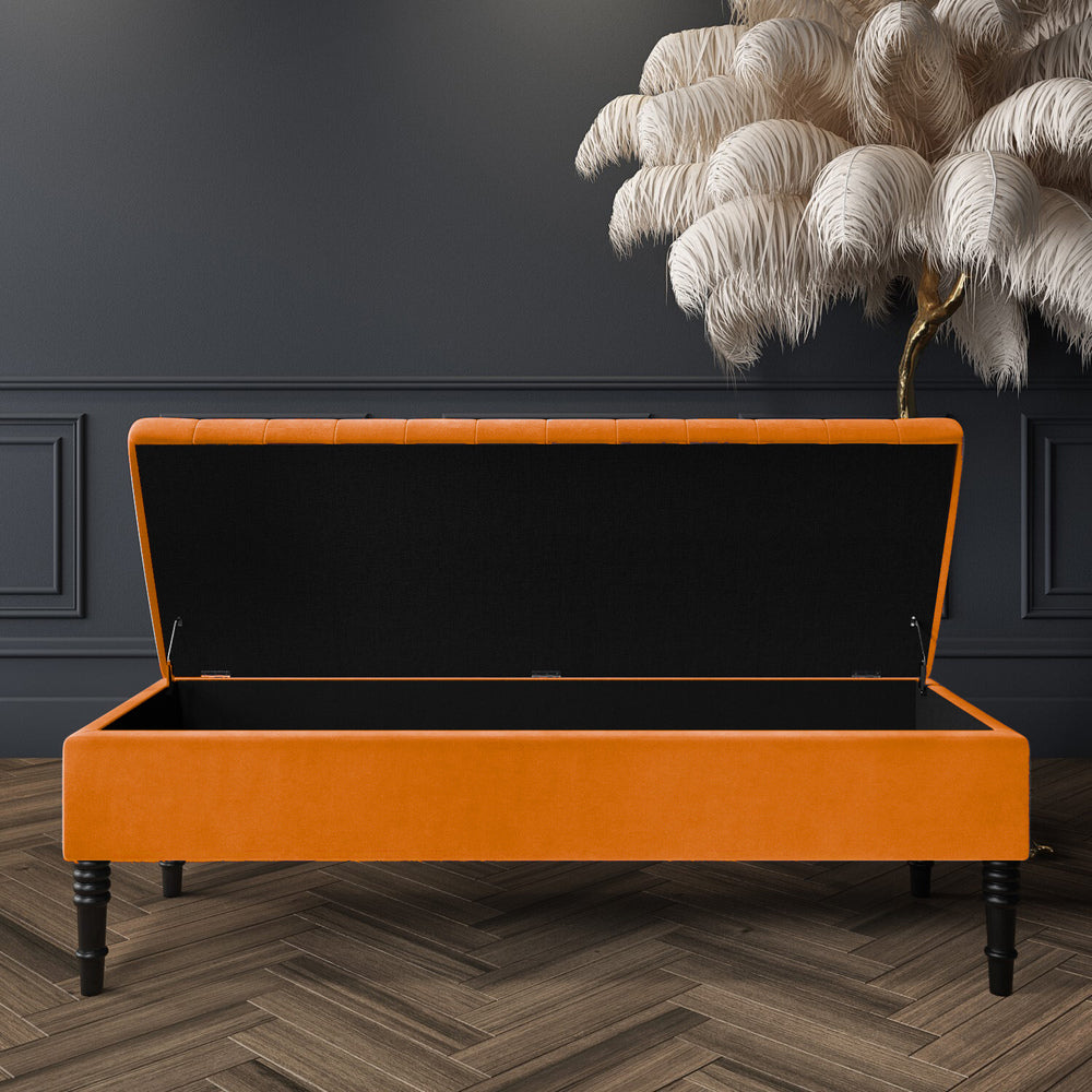 Burnt orange •	Tufted storage ottoman •	Deep storage ottoman •	Ottoman with hinged lid •	Velvet upholstered storage bench •	Multi-purpose storage ottoman •	Velvet furniture storage •	Ottoman seat with storage •	Shoe bench with storage •	Shoe changing bench •	End of bed bench •	Window seating bench •	Entryway Bench •	Upholstered blanket box