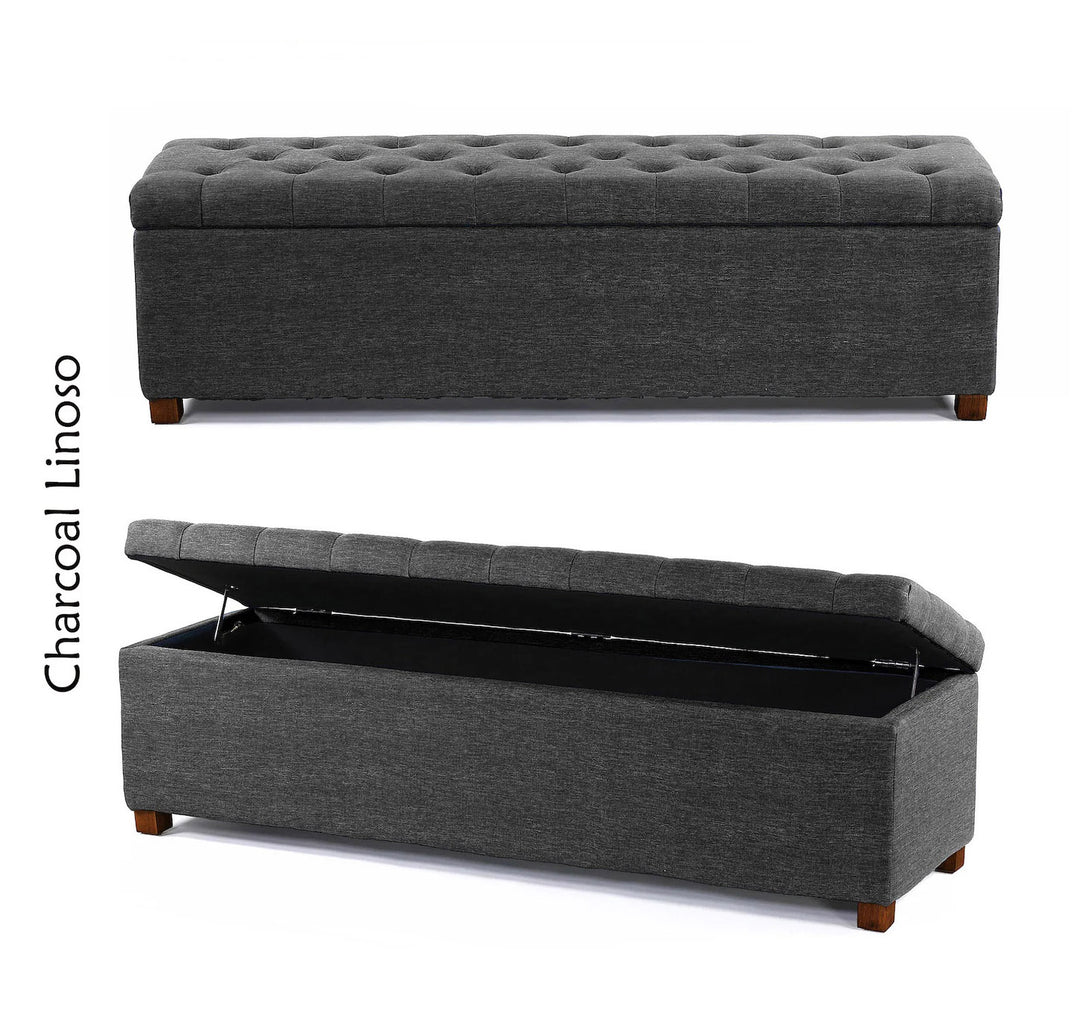 Charcoal Linoso blanket box, storage bench, shoe bench, end of bed bench, window seating bench, linoso linen ottoman storage box, end table, rectangle coffee table, upholstered footstool, linoso chesterfield upholstered coffee table, footrest