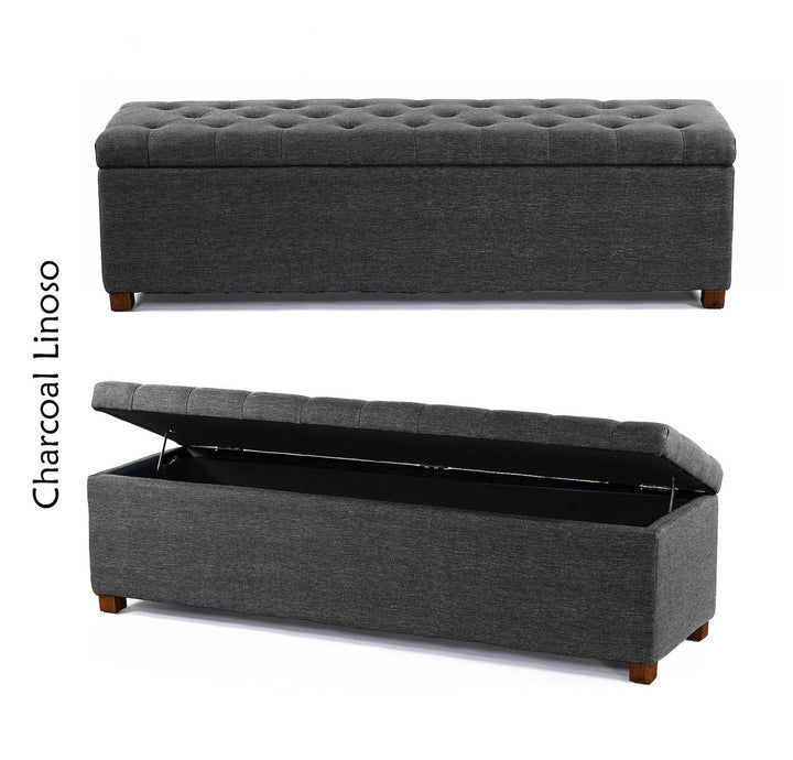 Charcoal Linoso blanket box, storage bench, shoe bench, end of bed bench, window seating bench, linoso linen ottoman storage box, end table, rectangle coffee table, upholstered footstool, linoso chesterfield upholstered coffee table, footrest