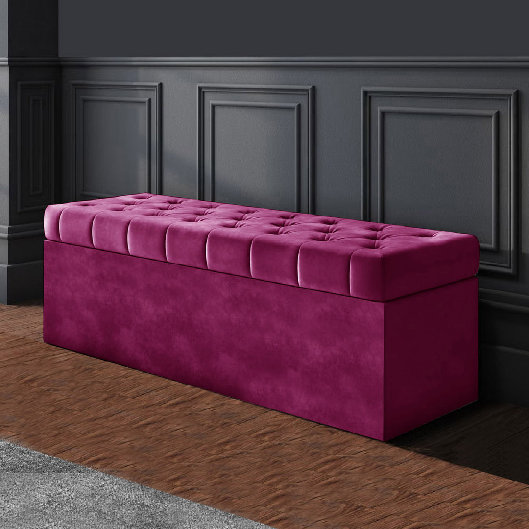 Claret Chesterfield upholstered ottoman storage box in plush velvet with matching fabric buttons. Upholstered ottoman storage box or a velvet blanket box, Chesterfield velvet ottoman, Plush velvet storage ottoman, Upholstered ottoman storage box, Velvet storage bench ottoman, Tufted ottoman with storage, High-density foam lid ottoman, Velvet tufted storage bench, Deep storage ottoman velvet, Velvet upholstered bench with storage, Chesterfield storage bench, Ottoman with high-density foam lid, Velvet ottoman