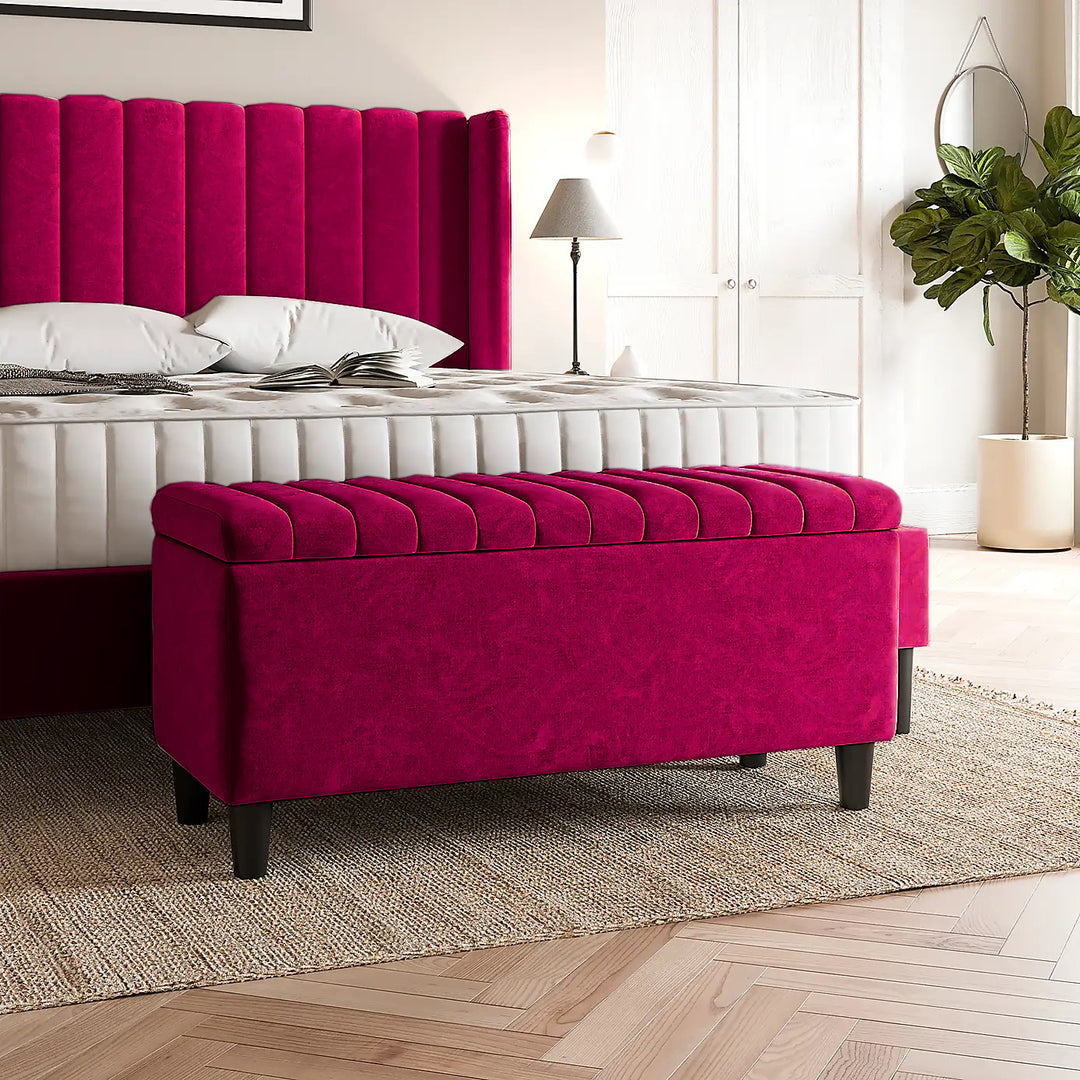 Claret Plush velvet upholstered blanket box, Teal velvet bench with storage, Large upholstered blanket box with legs, Velvet Upholstered Footstool, Rectangle Coffee Table, Ottoman storage box