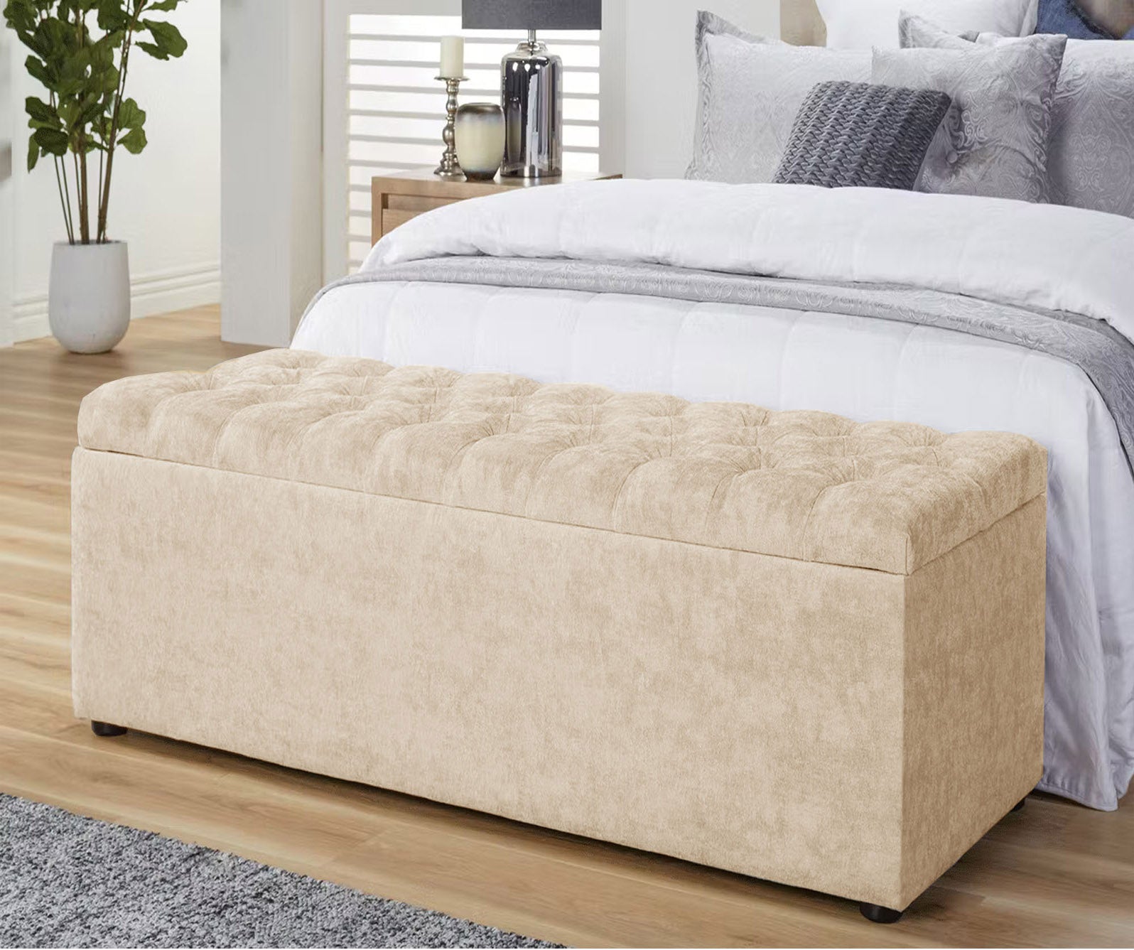 Cream Grey naples ottoman storage box, velvet ottoman bench with storage, shoe storage bench, end of bed bench, chesterfield ottoman bench, upholstered footstool, rectangle coffee table, end of bed bench