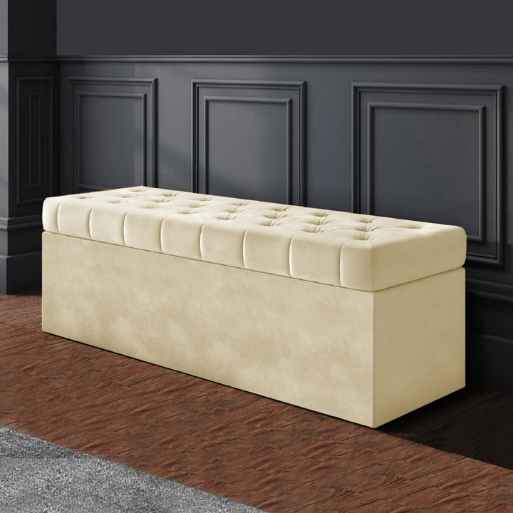 Cream plush velvet Chesterfield upholstered ottoman storage box in plush velvet with matching fabric buttons. Upholstered ottoman storage box or a velvet blanket box, Chesterfield velvet ottoman, Plush velvet storage ottoman, Upholstered ottoman storage box, Velvet storage bench ottoman, Tufted ottoman with storage, High-density foam lid ottoman, Velvet tufted storage bench, Deep storage ottoman velvet, Velvet upholstered bench with storage, Chesterfield storage bench, Ottoman with high-density foam lid, Ve