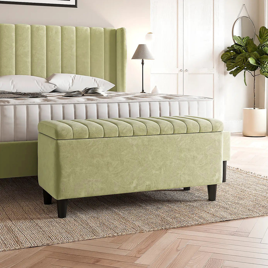 Cream Plush velvet upholstered blanket box, Teal velvet bench with storage, Large upholstered blanket box with legs, Velvet Upholstered Footstool, Rectangle Coffee Table, Ottoman storage box