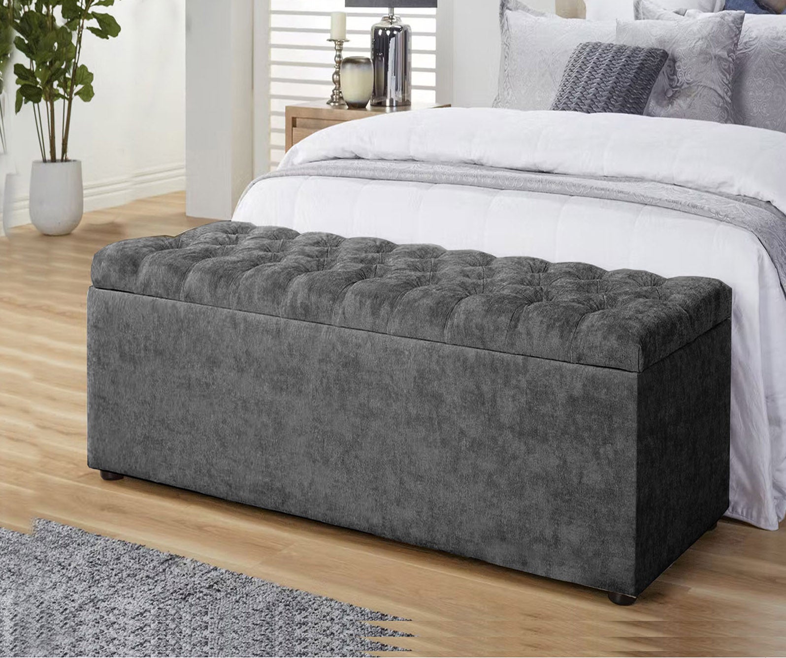 Dark Grey Grey naples ottoman storage box, velvet ottoman bench with storage, shoe storage bench, end of bed bench, chesterfield ottoman bench, upholstered footstool, rectangle coffee table, end of bed bench