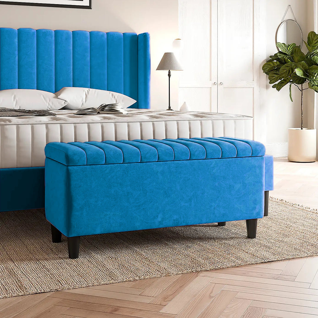 Duck egg Plush velvet upholstered blanket box, Teal velvet bench with storage, Large upholstered blanket box with legs, Velvet Upholstered Footstool, Rectangle Coffee Table, Ottoman storage box