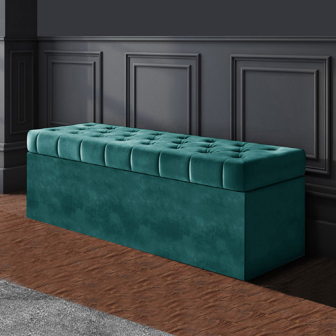 Emerald green plush velvet Chesterfield upholstered ottoman storage box in plush velvet with matching fabric buttons. Upholstered ottoman storage box or a velvet blanket box, Chesterfield velvet ottoman, Plush velvet storage ottoman, Upholstered ottoman storage box, Velvet storage bench ottoman, Tufted ottoman with storage, High-density foam lid ottoman, Velvet tufted storage bench, Deep storage ottoman velvet, Velvet upholstered bench with storage, Chesterfield storage bench, Ottoman with high-density foam