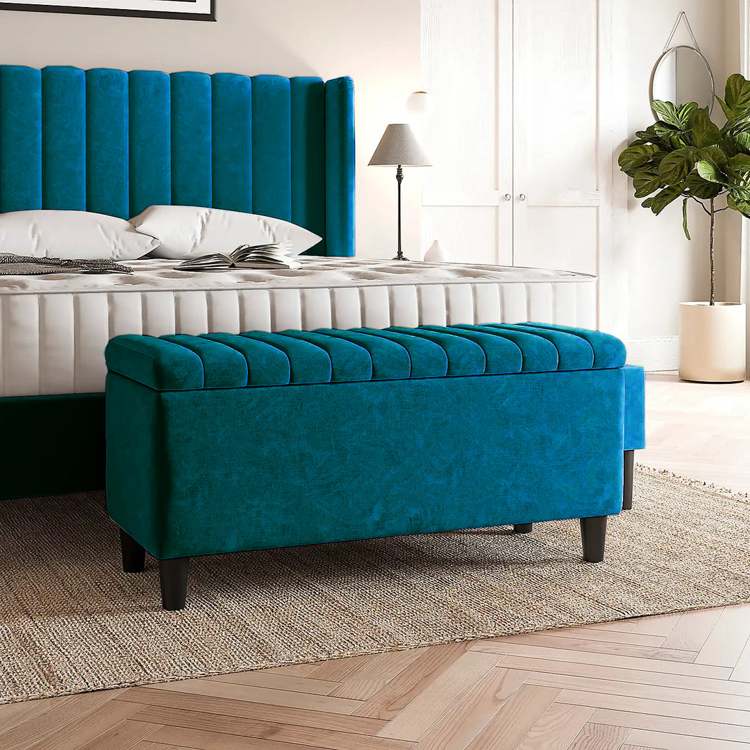 Emerald Green Plush velvet upholstered blanket box, Teal velvet bench with storage, Large upholstered blanket box with legs, Velvet Upholstered Footstool, Rectangle Coffee Table, Ottoman storage box
