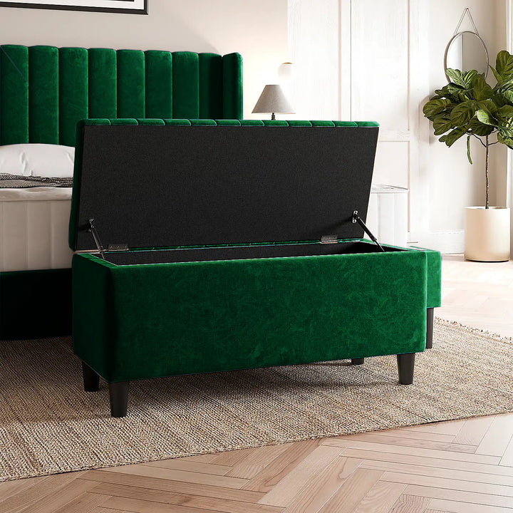 Forest green Plush velvet upholstered blanket box, Teal velvet bench with storage, Large upholstered blanket box with legs, Velvet Upholstered Footstool, Rectangle Coffee Table, Ottoman storage box