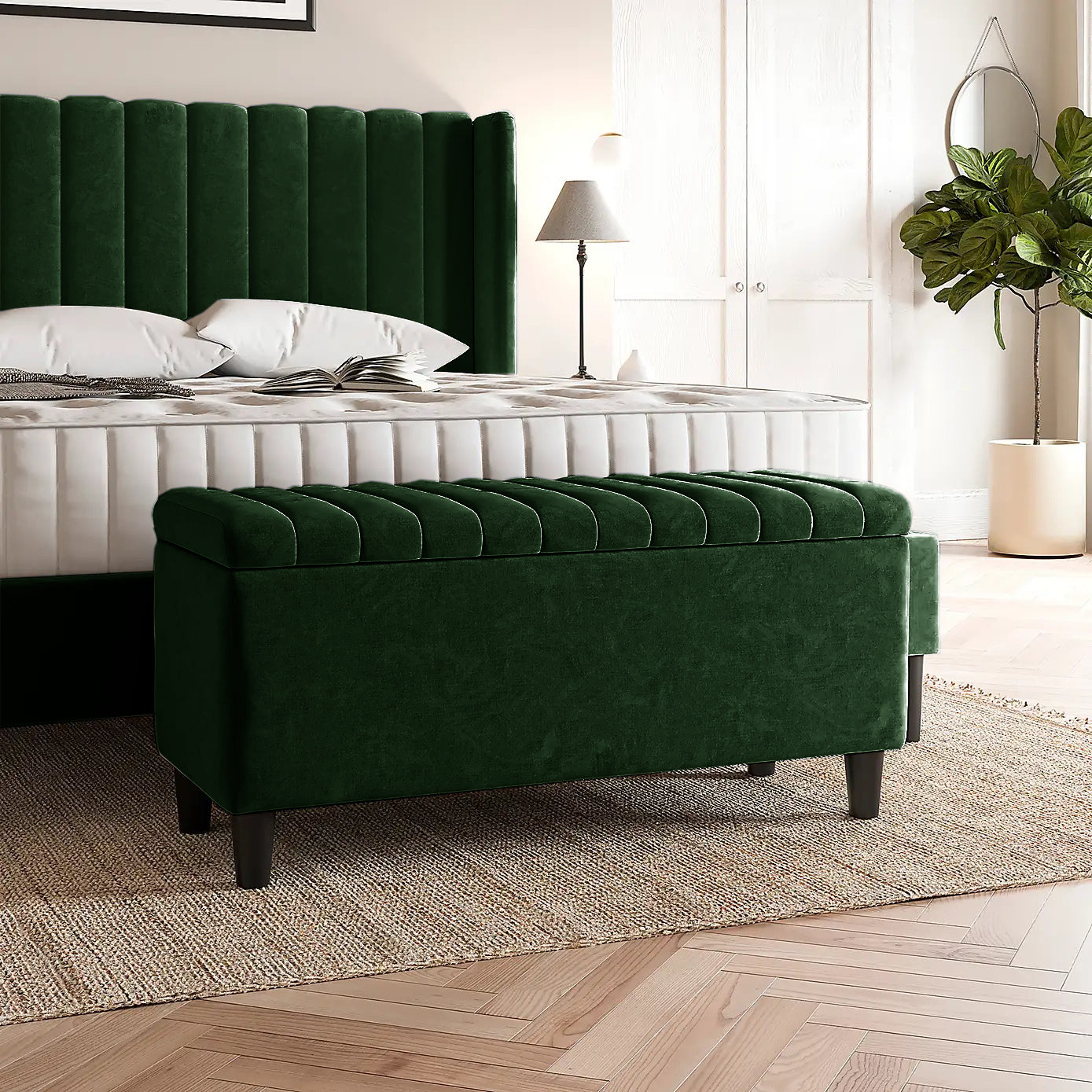Forest green Plush velvet upholstered blanket box, Teal velvet bench with storage, Large upholstered blanket box with legs, Velvet Upholstered Footstool, Rectangle Coffee Table, Ottoman storage box