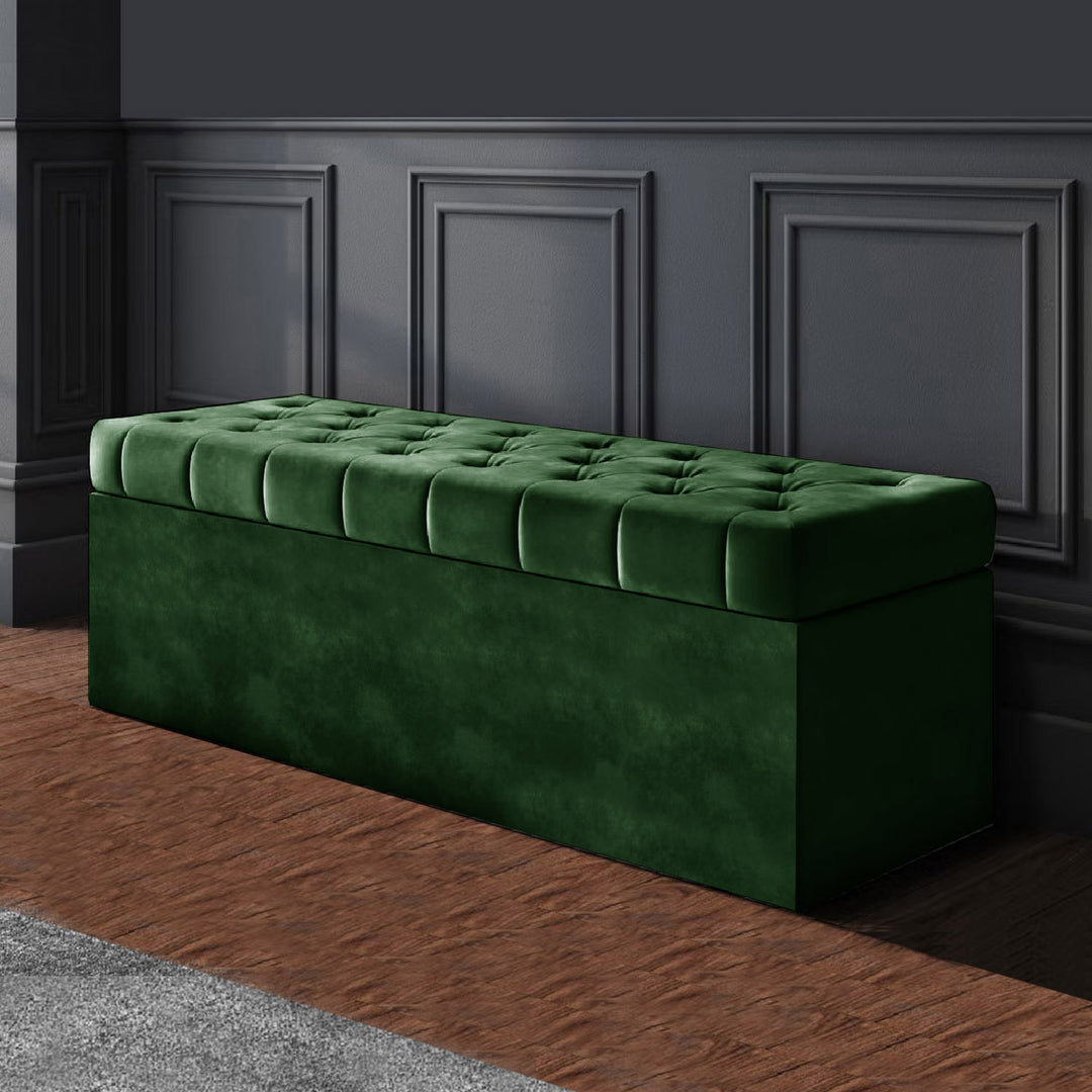 Forest green velvet Chesterfield upholstered ottoman storage box in plush velvet with matching fabric buttons. Upholstered ottoman storage box or a velvet blanket box, Chesterfield velvet ottoman, Plush velvet storage ottoman, Upholstered ottoman storage box, Velvet storage bench ottoman, Tufted ottoman with storage, High-density foam lid ottoman, Velvet tufted storage bench, Deep storage ottoman velvet, Velvet upholstered bench with storage, Chesterfield storage bench, Ottoman with high-density foam lid, V