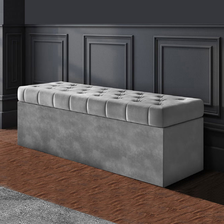Grey Velvet Chesterfield upholstered ottoman storage box in plush velvet with matching fabric buttons. Upholstered ottoman storage box or a velvet blanket box, Chesterfield velvet ottoman, Plush velvet storage ottoman, Upholstered ottoman storage box, Velvet storage bench ottoman, Tufted ottoman with storage, High-density foam lid ottoman, Velvet tufted storage bench, Deep storage ottoman velvet, Velvet upholstered bench with storage, Chesterfield storage bench, Ottoman with high-density foam lid, Velvet ot