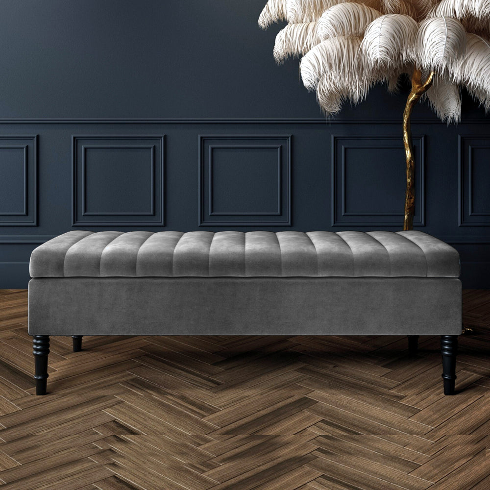 Dark Grey •	Tufted storage ottoman •	Deep storage ottoman •	Ottoman with hinged lid •	Velvet upholstered storage bench •	Multi-purpose storage ottoman •	Velvet furniture storage •	Ottoman seat with storage •	Shoe bench with storage •	Shoe changing bench •	End of bed bench •	Window seating bench •	Entryway Bench •	Upholstered blanket box