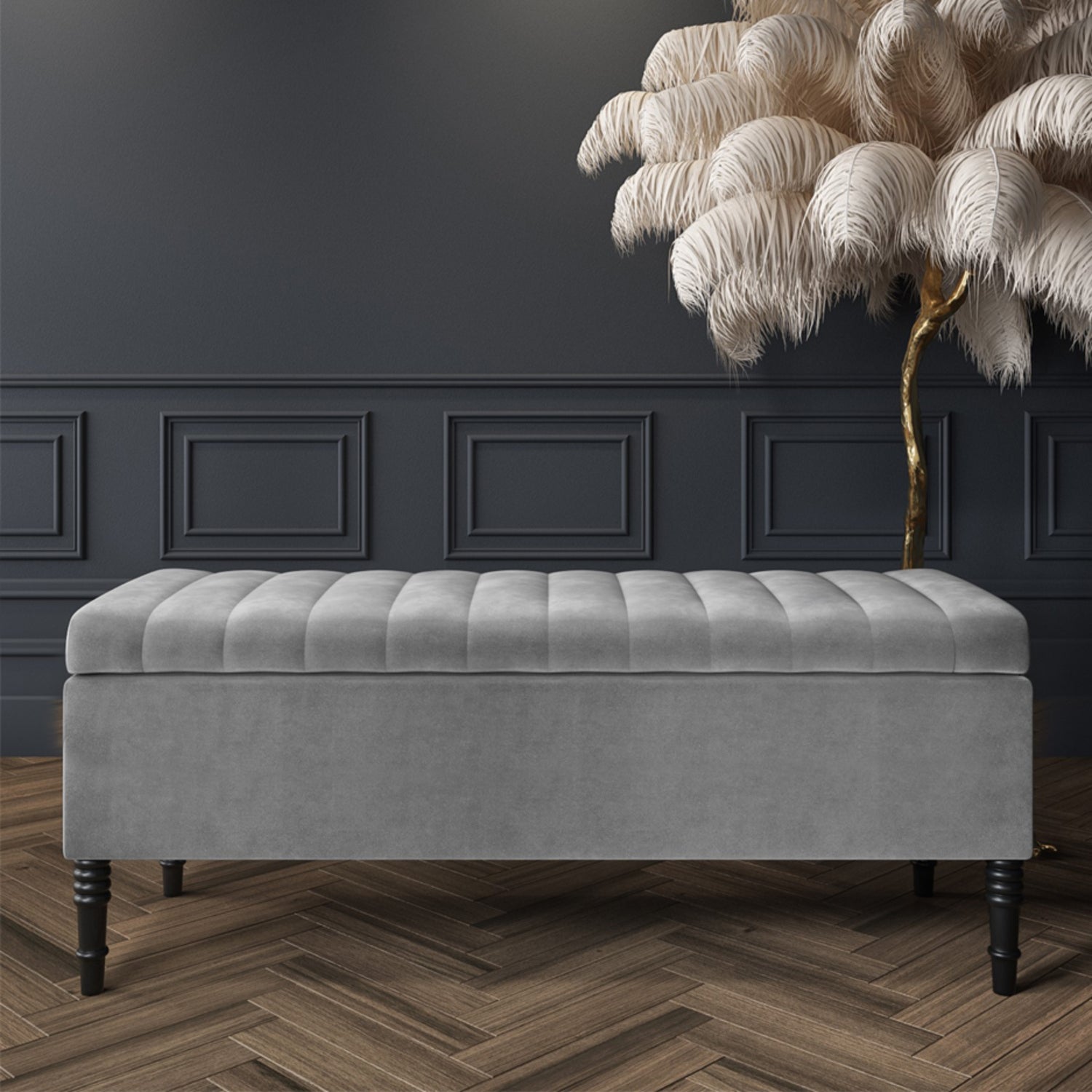 Grey plush velvet ottoman bench with storage, shoe storage bench, shoe changing bench. End of bed table with storage