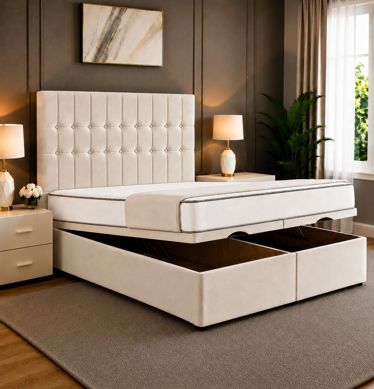 Luca Divan Storage Striped Tufted Ottoman Bed Frame