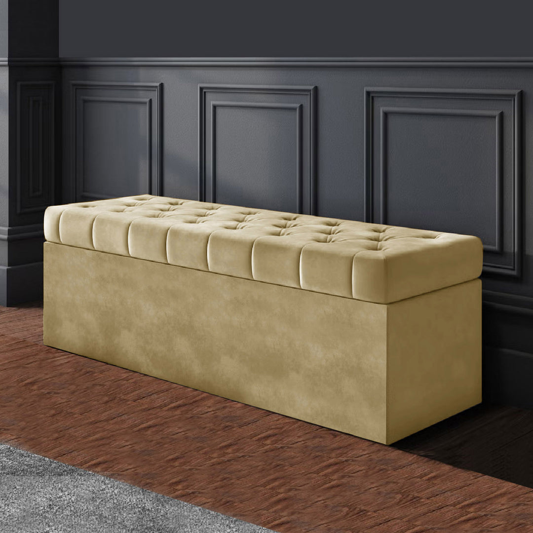 Mink velvet Chesterfield upholstered ottoman storage box in plush velvet with matching fabric buttons. Upholstered ottoman storage box or a velvet blanket box, Chesterfield velvet ottoman, Plush velvet storage ottoman, Upholstered ottoman storage box, Velvet storage bench ottoman, Tufted ottoman with storage, High-density foam lid ottoman, Velvet tufted storage bench, Deep storage ottoman velvet, Velvet upholstered bench with storage, Chesterfield storage bench, Ottoman with high-density foam lid, Velvet ot