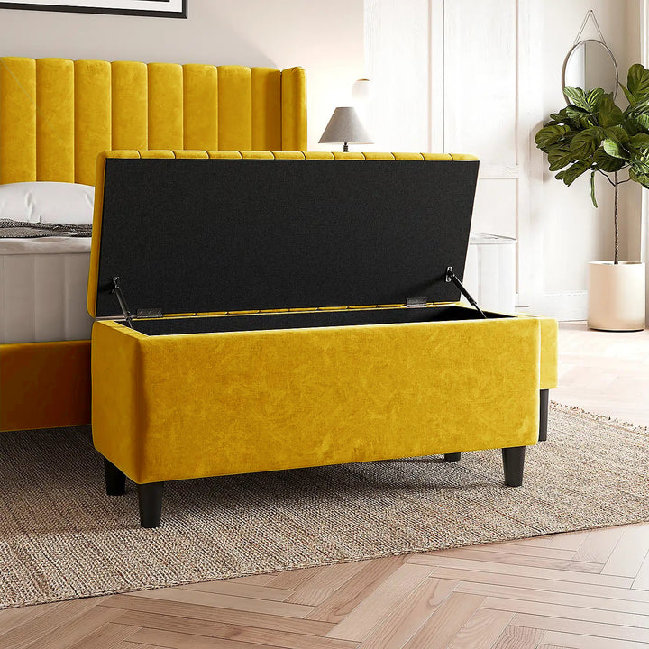 Yellow Plush velvet upholstered blanket box, Teal velvet bench with storage, Large upholstered blanket box with legs, Velvet Upholstered Footstool, Rectangle Coffee Table, Ottoman storage box