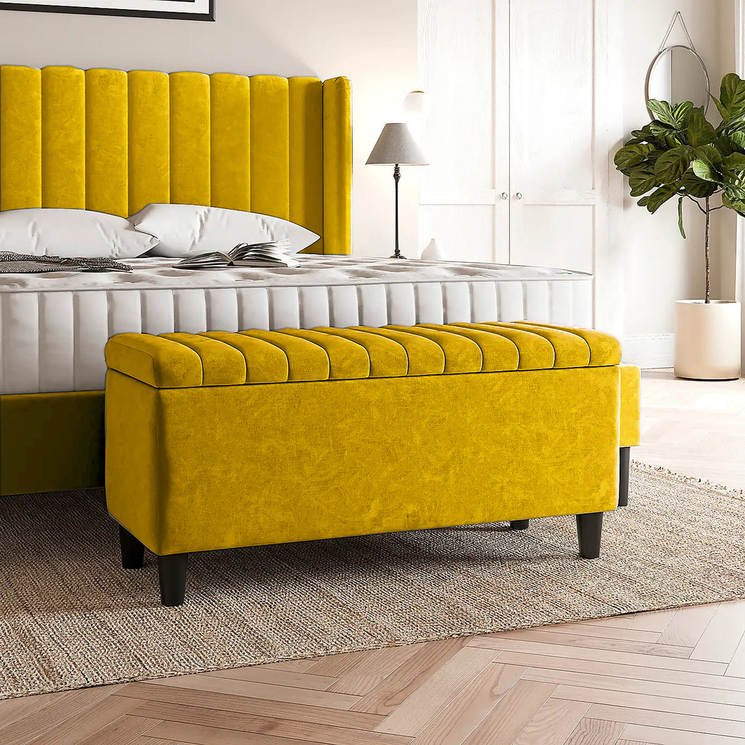 Mustard Gold Plush velvet upholstered blanket box, Teal velvet bench with storage, Large upholstered blanket box with legs, Velvet Upholstered Footstool, Rectangle Coffee Table, Ottoman storage box
