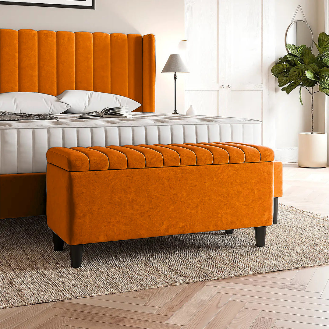 Burnt Orange Plush velvet upholstered blanket box, Teal velvet bench with storage, Large upholstered blanket box with legs, Velvet Upholstered Footstool, Rectangle Coffee Table, Ottoman storage box