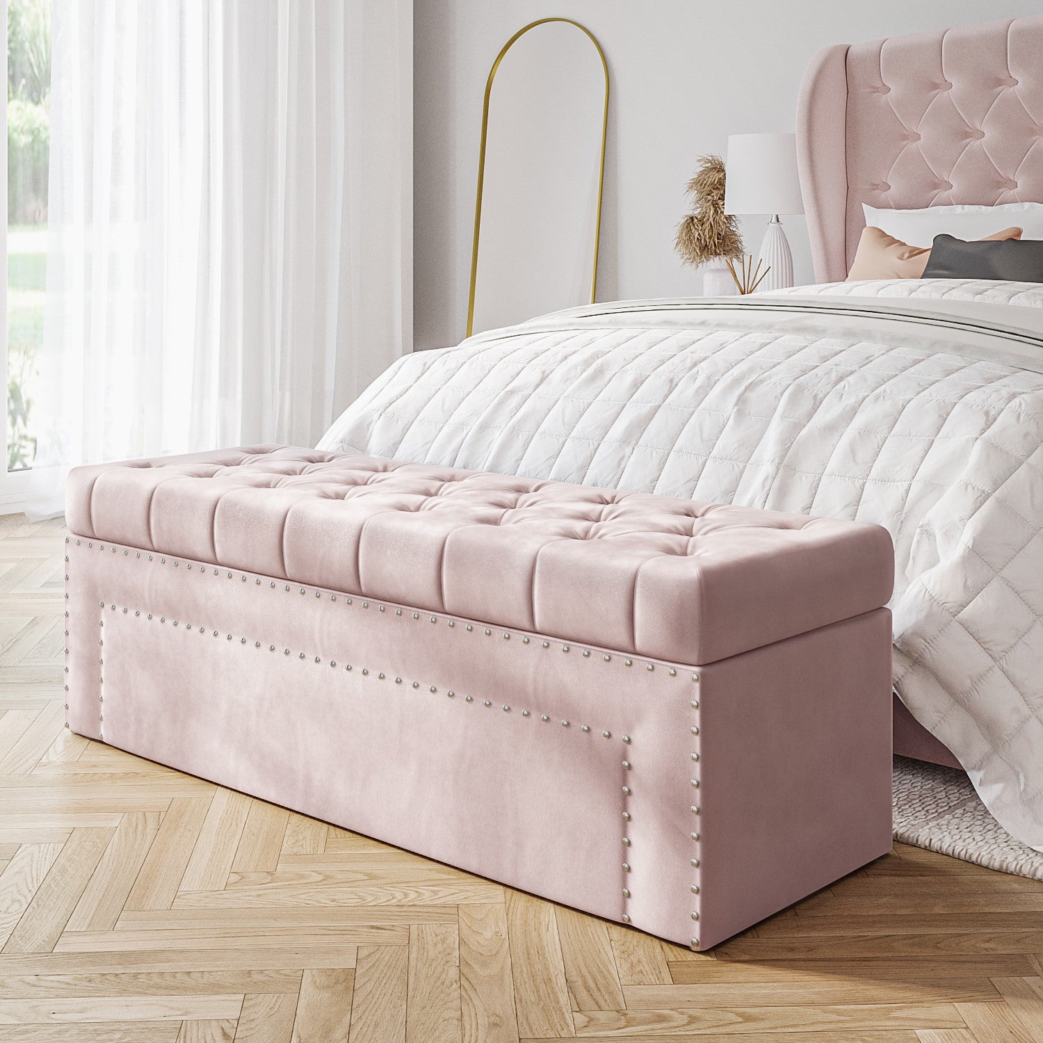 Baby Pink Plush Velvet Ottoman Storage Bench: A sleek and stylish ottoman with hidden storage. This multifunctional piece of furniture doubles as a comfortable seat and a discreet storage solution. Upholstered in a versatile fabric, it seamlessly complements any decor while providing ample space to stow away blankets, pillows, and other items. Perfect for adding both elegance and organization to your living space."
