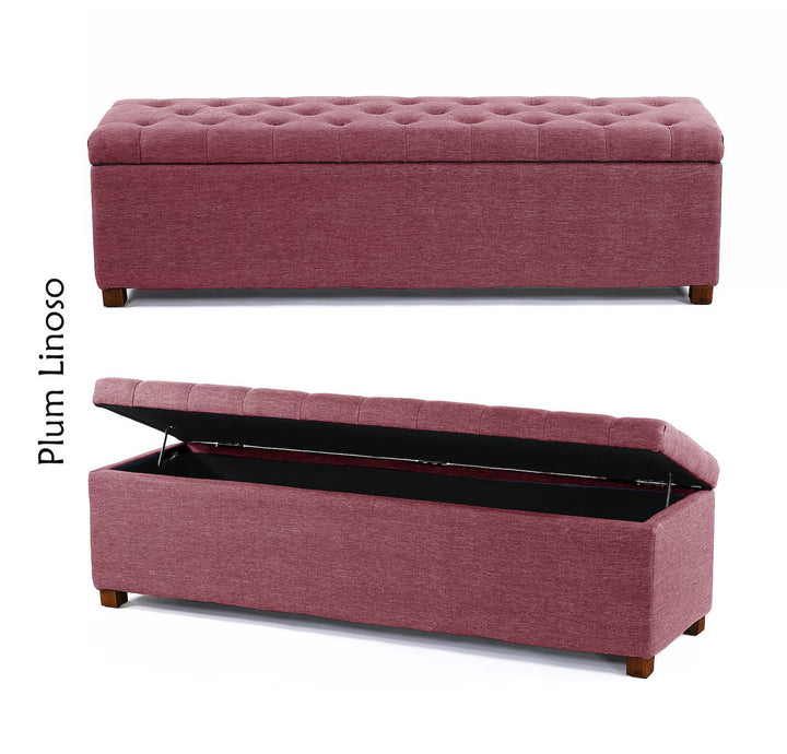 Plum Linoso blanket box, storage bench, shoe bench, end of bed bench, window seating bench, linoso linen ottoman storage box, end table, rectangle coffee table, upholstered footstool, linoso chesterfield upholstered coffee table, footrest