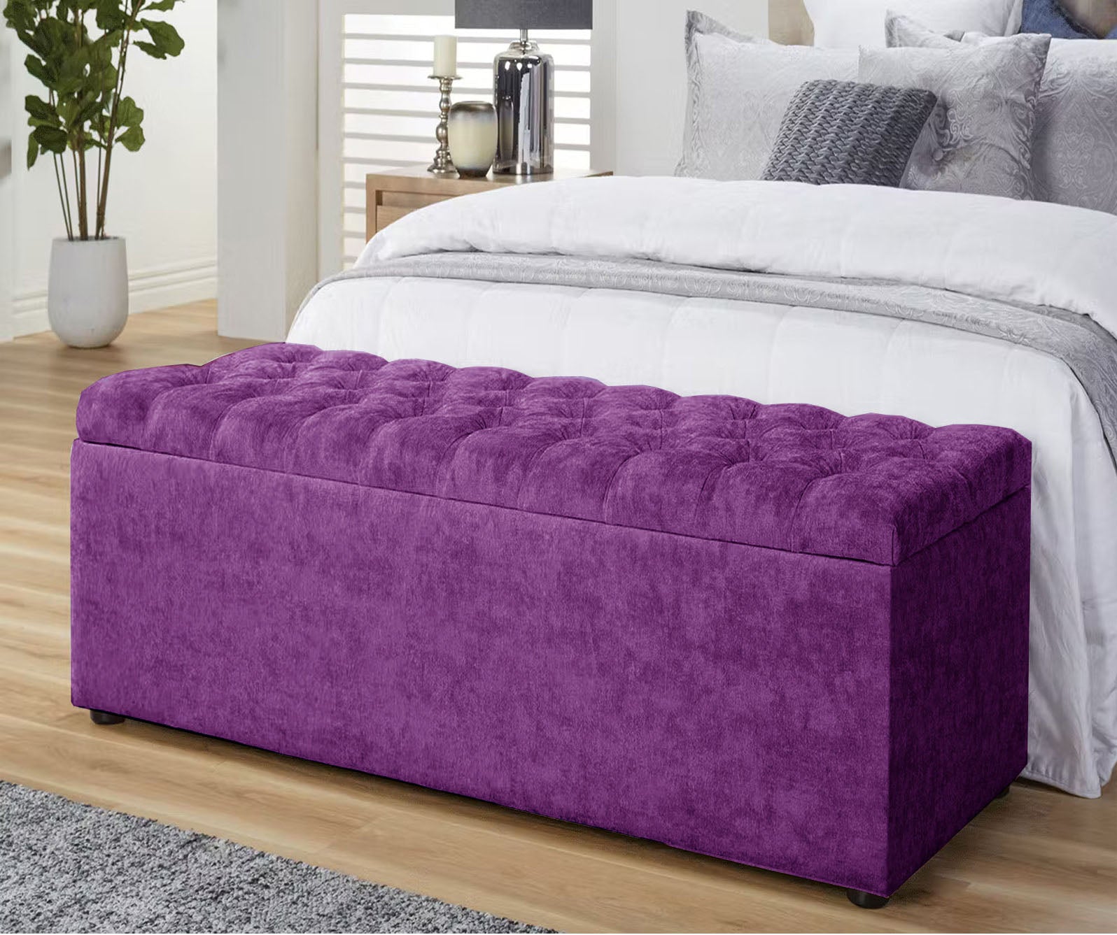 Purple Grey naples ottoman storage box, velvet ottoman bench with storage, shoe storage bench, end of bed bench, chesterfield ottoman bench, upholstered footstool, rectangle coffee table, end of bed bench
