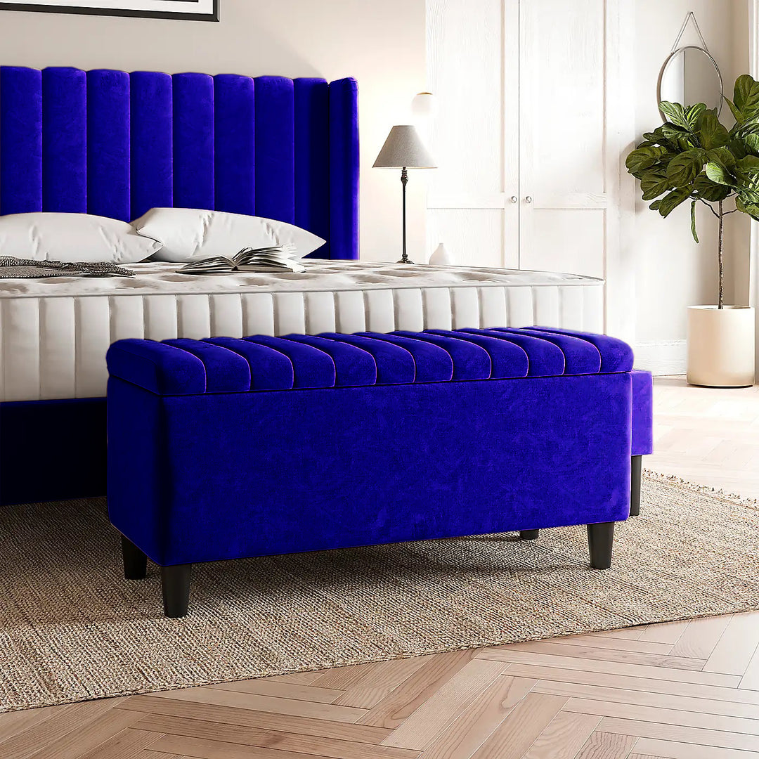 Sapphire blue Plush velvet upholstered blanket box, Teal velvet bench with storage, Large upholstered blanket box with legs, Velvet Upholstered Footstool, Rectangle Coffee Table, Ottoman storage box