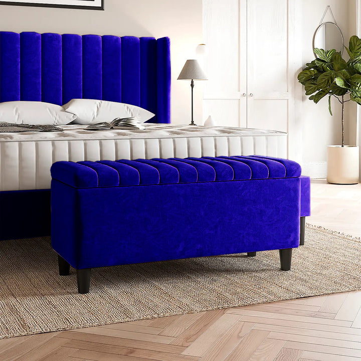 Sapphire blue Plush velvet upholstered blanket box, Teal velvet bench with storage, Large upholstered blanket box with legs, Velvet Upholstered Footstool, Rectangle Coffee Table, Ottoman storage box