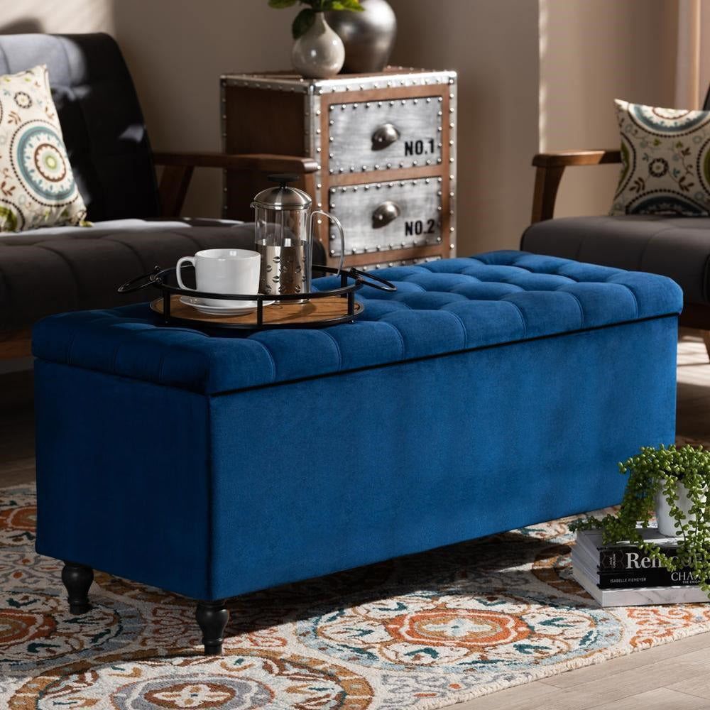 Navy Blue Plush velvet ottoman storage box, velvet upholstered ottoman box, velvet shoe bench with storage, shoe changing upholstered storage bench, End of bed table bench, entry hallway bench, window seating bench, large tufted ottoman, Rectangle coffee table with storage, chesterfield upholstered coffee table, upholstered footstool. Ottoman footstool, tufted bench