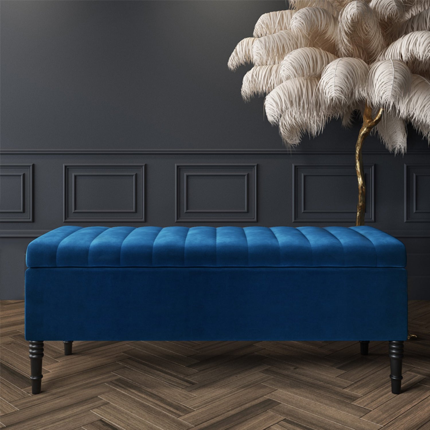 Luxurious Sapphire Blue Velvet Bench with Storage