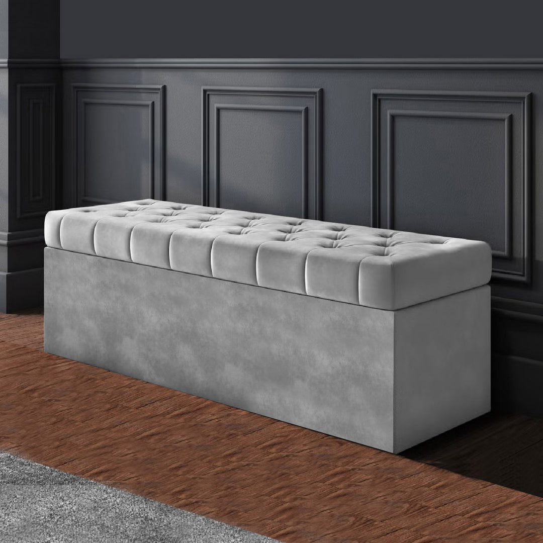 silver plush velvet Chesterfield upholstered ottoman storage box in plush velvet with matching fabric buttons. Upholstered ottoman storage box or a velvet blanket box, Chesterfield velvet ottoman, Plush velvet storage ottoman, Upholstered ottoman storage box, Velvet storage bench ottoman, Tufted ottoman with storage, High-density foam lid ottoman, Velvet tufted storage bench, Deep storage ottoman velvet, Velvet upholstered bench with storage, Chesterfield storage bench, Ottoman with high-density foam lid, V