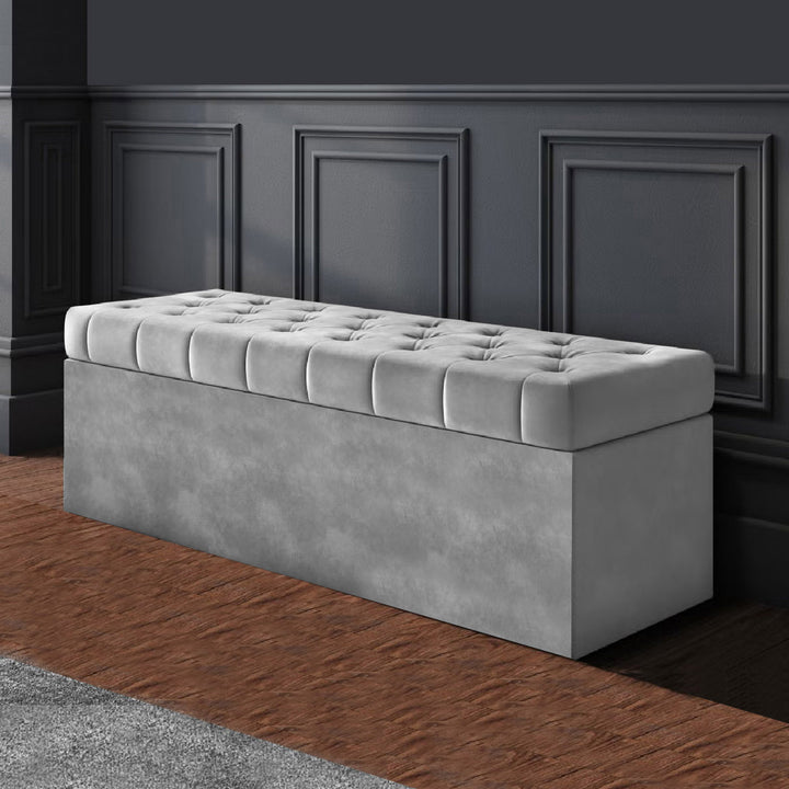 silver plush velvet Chesterfield upholstered ottoman storage box in plush velvet with matching fabric buttons. Upholstered ottoman storage box or a velvet blanket box, Chesterfield velvet ottoman, Plush velvet storage ottoman, Upholstered ottoman storage box, Velvet storage bench ottoman, Tufted ottoman with storage, High-density foam lid ottoman, Velvet tufted storage bench, Deep storage ottoman velvet, Velvet upholstered bench with storage, Chesterfield storage bench, Ottoman with high-density foam lid, V