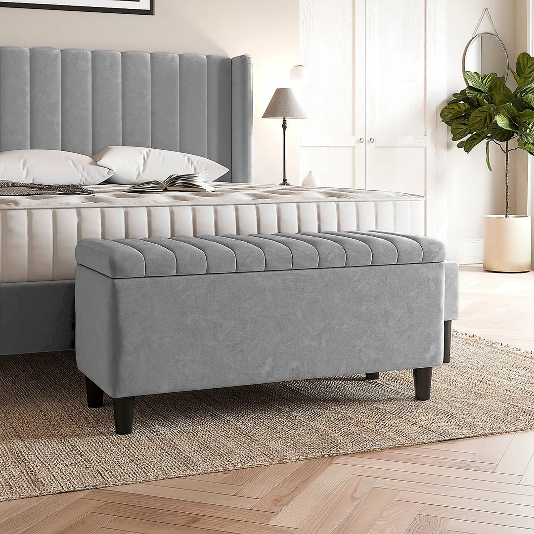 silver Plush velvet upholstered blanket box, Teal velvet bench with storage, Large upholstered blanket box with legs, Velvet Upholstered Footstool, Rectangle Coffee Table, Ottoman storage box