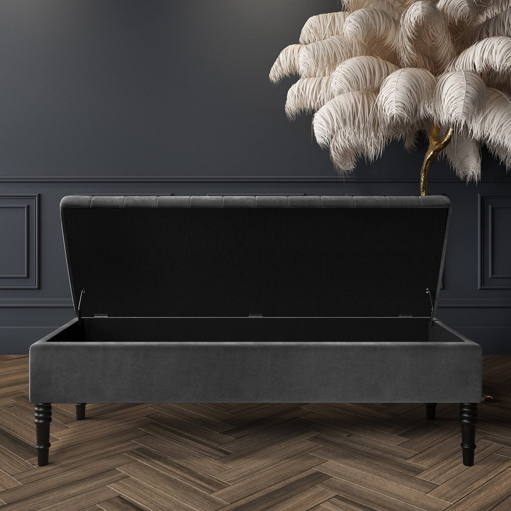 Grey plush velvet bench, •	Tufted storage ottoman •	Deep storage ottoman •	Ottoman with hinged lid •	Velvet upholstered storage bench •	Multi-purpose storage ottoman •	Velvet furniture storage •	Ottoman seat with storage •	Shoe bench with storage •	Shoe changing bench •	End of bed bench •	Window seating bench •	Entryway Bench •	Upholstered blanket box