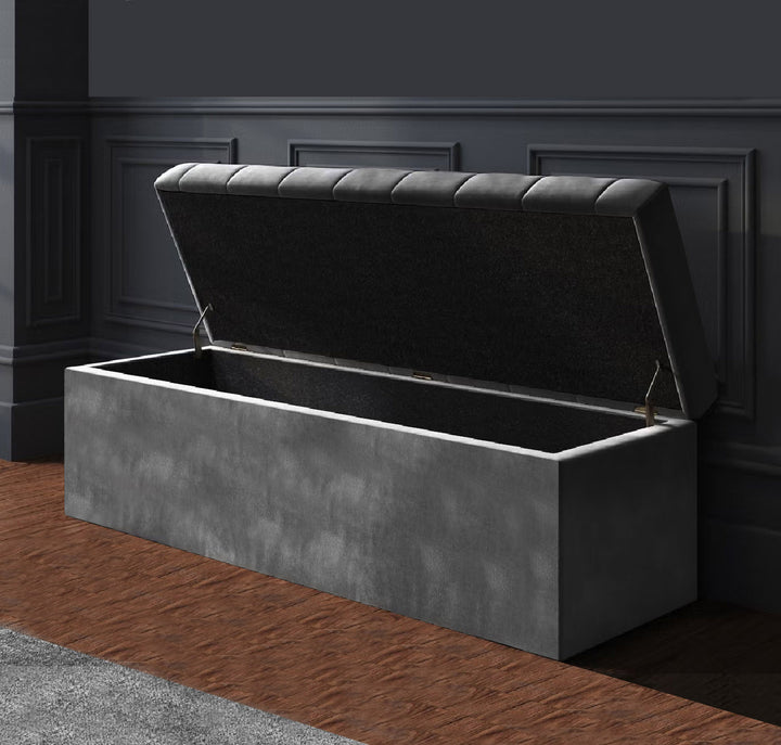 Chesterfield upholstered ottoman storage box in plush velvet with matching fabric buttons. Upholstered ottoman storage box or a velvet blanket box, Chesterfield velvet ottoman, Plush velvet storage ottoman, Upholstered ottoman storage box, Velvet storage bench ottoman, Tufted ottoman with storage, High-density foam lid ottoman, Velvet tufted storage bench, Deep storage ottoman velvet, Velvet upholstered bench with storage, Chesterfield storage bench, Ottoman with high-density foam lid, Velvet ottoman with b