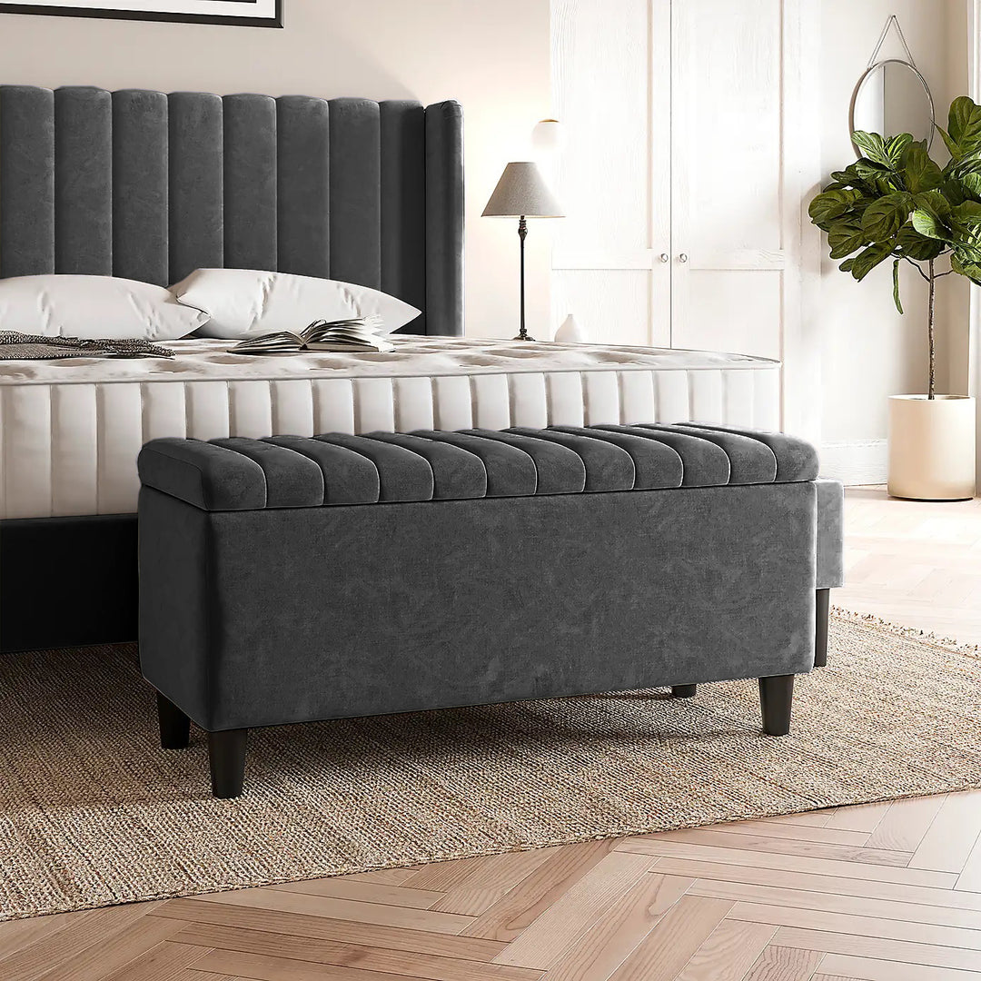 Dark Grey Plush velvet upholstered blanket box, Teal velvet bench with storage, Large upholstered blanket box with legs, Velvet Upholstered Footstool, Rectangle Coffee Table, Ottoman storage box
