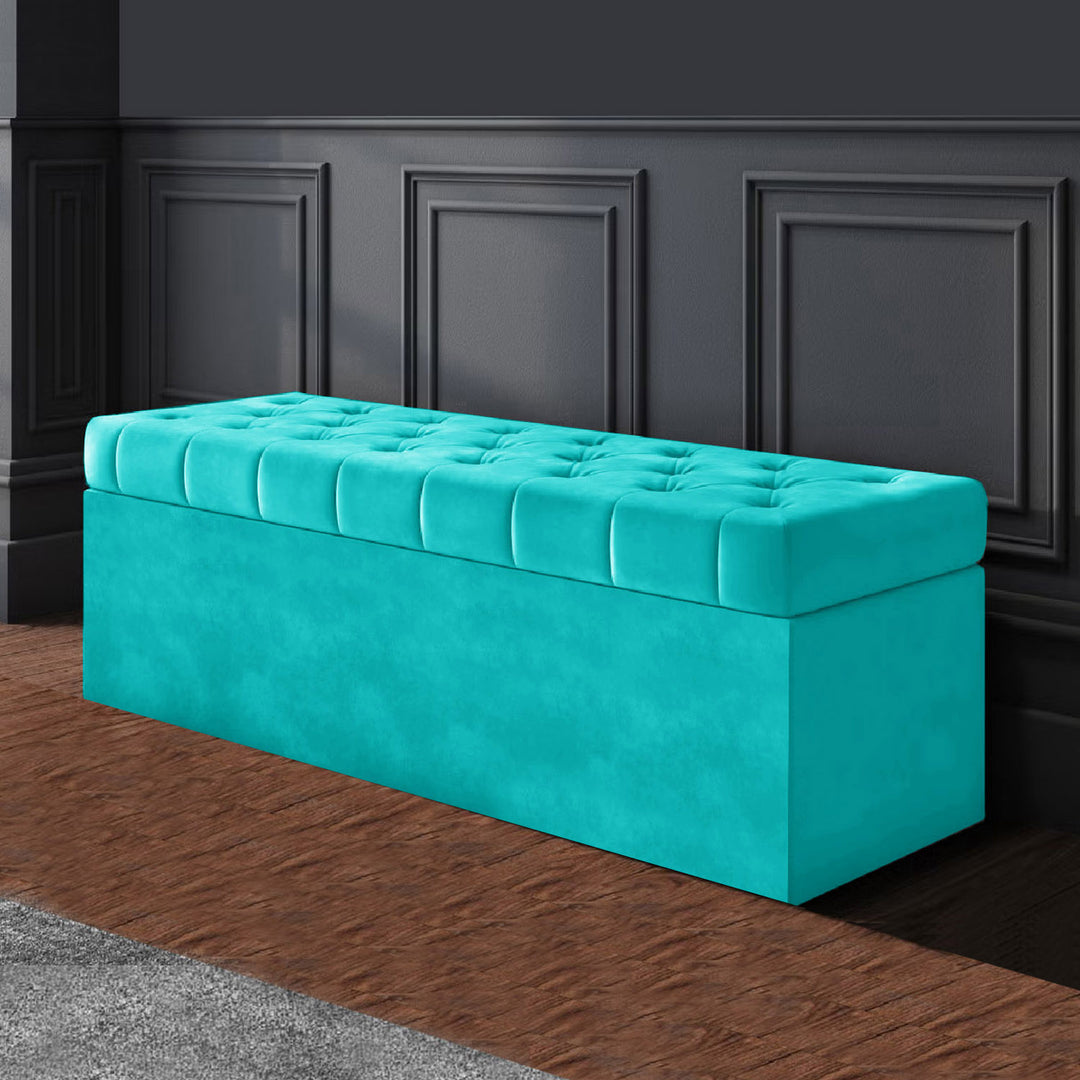 Teal plush velvet Chesterfield upholstered ottoman storage box in plush velvet with matching fabric buttons. Upholstered ottoman storage box or a velvet blanket box, Chesterfield velvet ottoman, Plush velvet storage ottoman, Upholstered ottoman storage box, Velvet storage bench ottoman, Tufted ottoman with storage, High-density foam lid ottoman, Velvet tufted storage bench, Deep storage ottoman velvet, Velvet upholstered bench with storage, Chesterfield storage bench, Ottoman with high-density foam lid, Vel