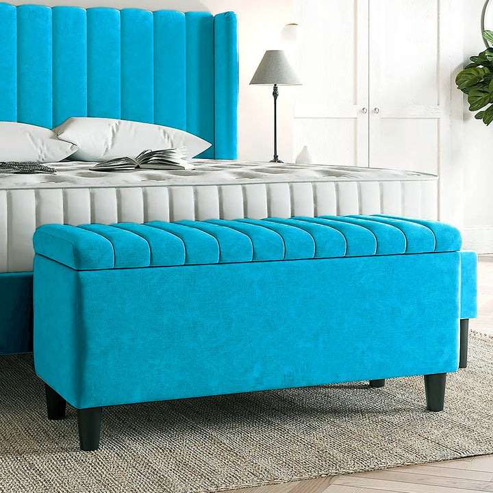 Plush velvet upholstered blanket box, Teal velvet bench with storage, Large upholstered blanket box with legs, Velvet Upholstered Footstool, Rectangle Coffee Table, Ottoman storage box