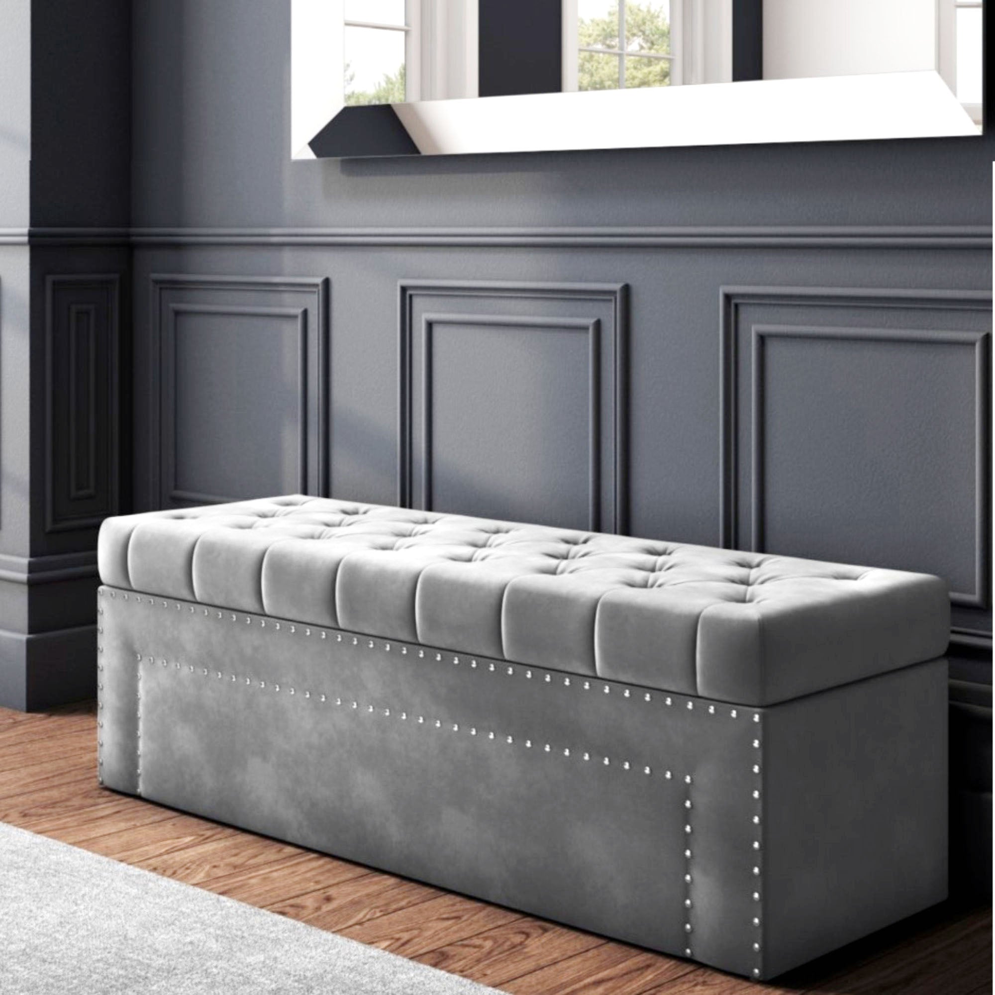 "Grey velvet ottoman storage bench: A chic and versatile storage solution in soft, luxurious grey velvet fabric. Keep your space organized with this stylish and comfortable ottoman, offering ample storage space for blankets, pillows, and more."
